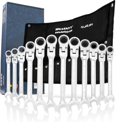 12-delige ratelringsleutelset met scharnier 8-19 mm