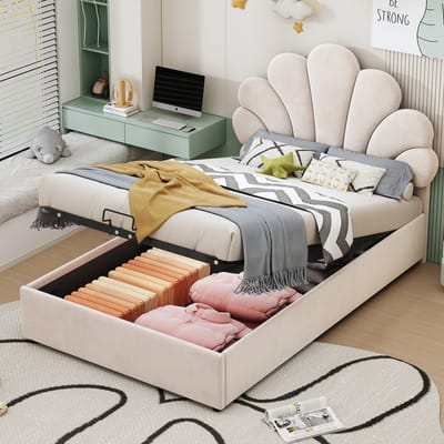 MODFU Bedframe 90x200 cm – Met hydraulische opbergruimte – Gestoffeerd in beige fluweel – Luxe uitstraling