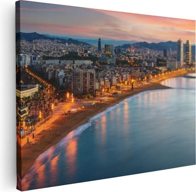 Artaza Canvas Schilderij Stad Aan Zee - 40x30 cm - Klein - Wanddecoratie Kust - Muurdecoratie Strand Barcelona - Kamer Accessoires Skyline