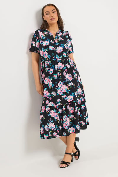 Yours Zwarte Jurk Met Bloemenprint En Halve Knoopsluiting Size 44