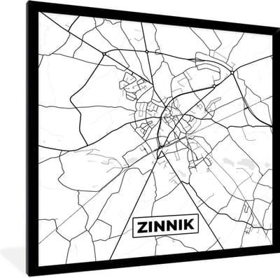 Fotolijst incl. Poster Zwart Wit- Stadskaart – Plattegrond – België – Zwart Wit – Zinnik – Kaart - 40x40 cm - Posterlijst