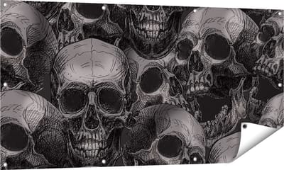 Gards Tuinposter Schedels - Doodshoofden - Doodskoppen - 140x70 cm - Tuindoek - Tuindecoratie - Wanddecoratie buiten - Tuinschilderij