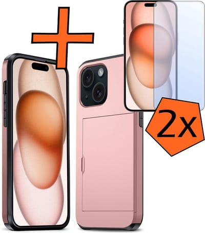 Hoesje Geschikt voor iPhone 15 Hoesje Pasjeshouder Shockproof Hard Case Met 2x Screenprotector - Hoesje Geschikt voor iPhone 15 Hoes Met Kaarthouder - Rosé goud