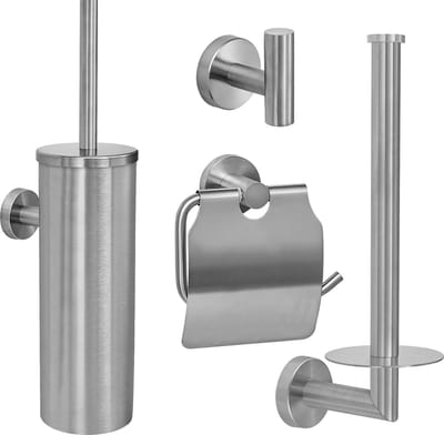 VDN Stainless Toiletaccessoireset zilver 4-delig - Geborsteld RVS - Toiletborstelhouder - Toiletrolhouder met klep - Handdoekhaakje - Reserverolhouder