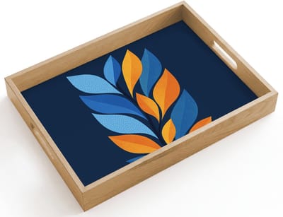 Dienblad hout 40x30 cm - Schootdienblad - Abstract - Bladeren - Blauw - Borrelplank rechthoek - Plateau dienbladen