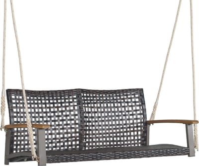 COSTWAY 2-Zits Buiten Schommelbank, PE Rotan Opknoping Schommelstoel met 2 Opknoping Touwen, Gebogen Rugleuning & Acaciahout Armleuningen, 360 kg Gewichtscapaciteit, Veranda Schommel voor Dek, Patio, Tuin, Balkon