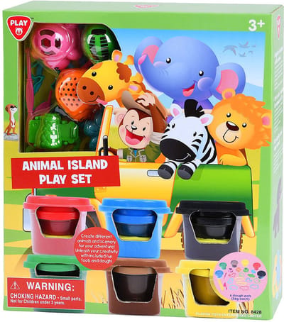Play klei speelgoed Dieren Eiland set met 6 kleipotjes en accessoires.