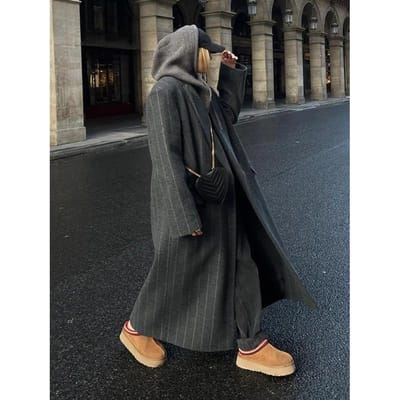 Elegante Revers Gestreept Oversized Overjas Dames Casual Lange Jas met Lange Mouwen Herfst Winter Dames Forenzen High Street Bovenkleding S
