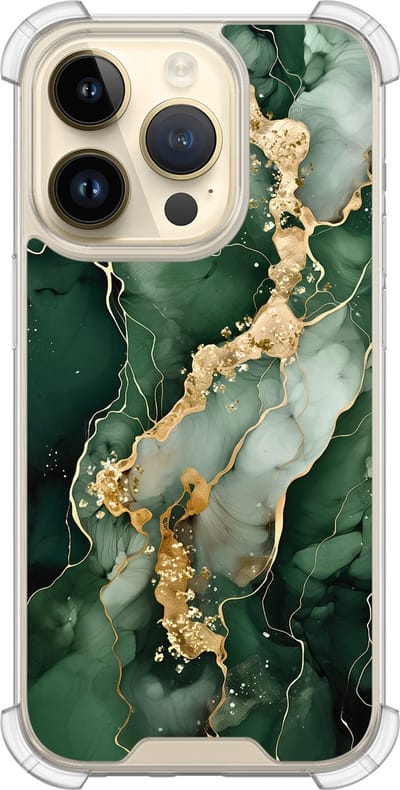 Shockproof hoesje - Geschikt voor iPhone 14 Pro - Marmer groen goud - Extra sterke case - TPU/polycarbonaat - Marmer - Groen, Transparant