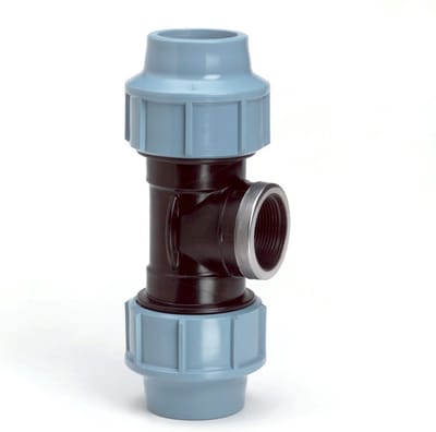 Unidelta T-stuk 90° PP 40 mm x 1 1/2" x 40 mm knel x binnendraad x knel 16bar zwart/blauw DVGW/KIWA/WRAS
