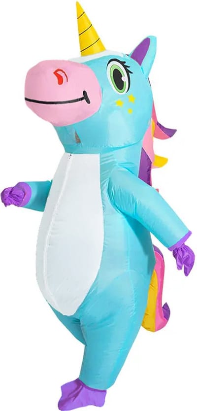 KIMU® Opblaas Kostuum Blauwe Eenhoorn - Opblaasbaar Pak - Eenhoornpak Mascotte Opblaaspak - Opblaasbare Unicorn Paard Blauw Dames Heren Festival