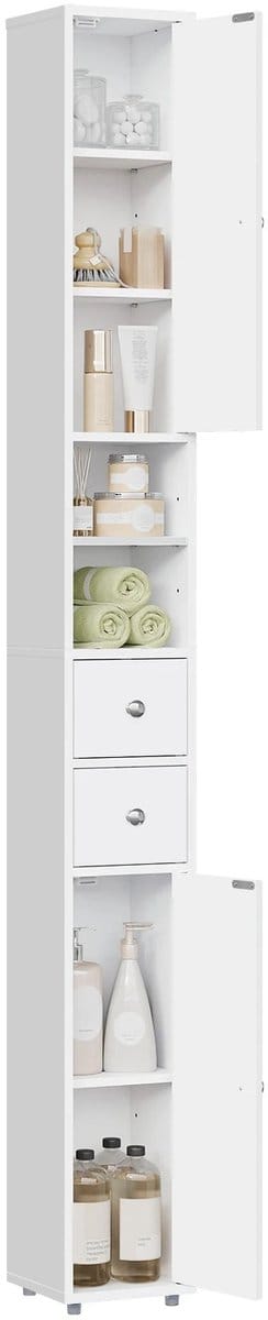 Stervia Badkamerkast - Badkamermeubel - Vochtbestendig - Badkamerkasten Hoog - Smalle Kast - Verstelbare Planken - Wit - 20x20x180cm