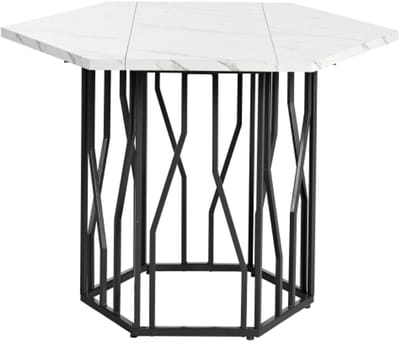 Moderne zeshoekige marmeren eettafel, zwart metalen frame, eenvoudige esthetische salontafel, geschikt voor eetkamer en woonkamer