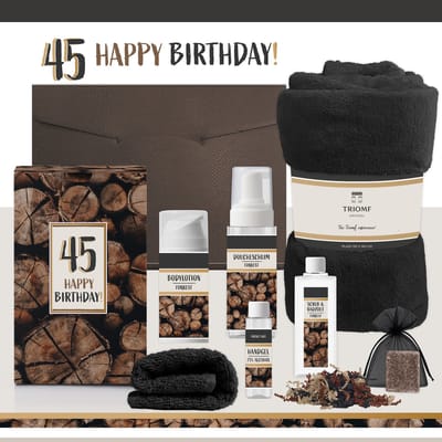Geschenkset "45 Happy Birthday" - 7 Producten - 1400 gram - Triomf Cosmetica | Giftset voor hem Vijfenveertig jaar Luxe Wellness box Cadeau Gefeliciteerd Pakket Verjaardag Geschenk jarig Cadeaupakket Verjaardagscadeau Man Gift Set Forrest Zwart Bruin