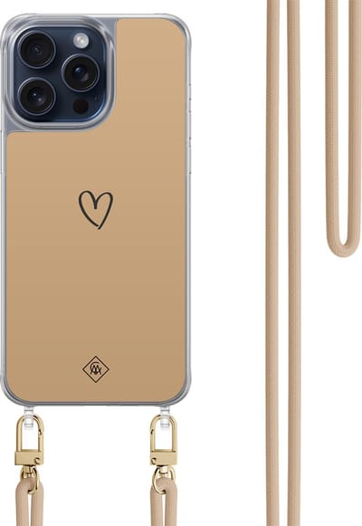 Casimoda® hoesje met beige koord - Geschikt voor iPhone 15 Pro Max - Hart Bruin - Afneembaar koord - TPU/polycarbonaat - Bruin/beige
