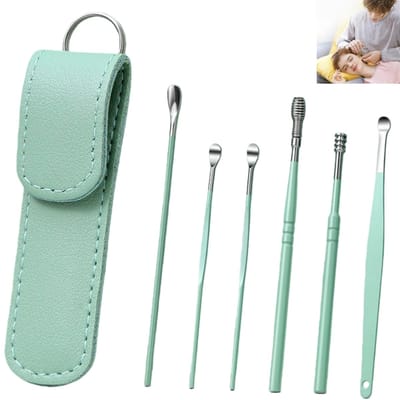 6 stuks - roestvrijstalen oorwas verwijderingsset - oorwas verwijderaar - oorreiniger - oorwas verwijderaar - met opbergdoos - voor tieners en volwassenen - groen - 9cm