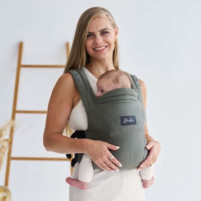 ROOKIE Baby Premium Elite draagzak - Design buikdrager en rugdrager - Comfortabel en ergonomisch baby spullen - Babydrager vanaf Geboorte - Ook voor Peuter - Biologisch katoen (Khaki)