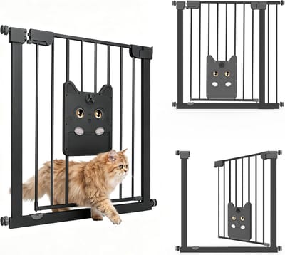 ACXIN Traphekje Zonder Boren 85-95 cm - Met Grote Kattenluik - 180° Dubbelzijdig Openend - Autoclose Dubbel Slot - Metalen Veiligheidshekje voor Baby Hond Kat - Zwart