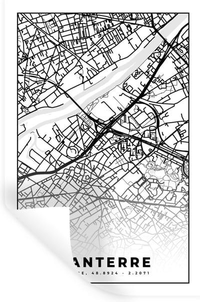 Muurstickers - Sticker Folie - Plattegrond - Nanterre - Kaart - Frankrijk - Stadskaart - Zwart wit - 20x30 cm - Plakfolie - Muurstickers Kinderkamer - Zelfklevend Behang - Zelfklevend behangpapier - Stickerfolie