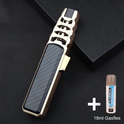 TECQX Turbo Torch - Gasbrander - Gas aansteker - Stormaansteker - Vuurwerk Aansteker - Crème Brûlée Brander - Gratis 18ml gasfles FlameClub - Windproof - Carbon Fiber - Goud