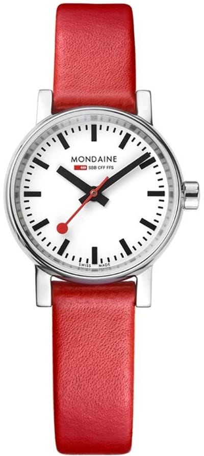 Mondaine MSE.26110.LC Evo II Unisex Horloge - Stationsklok - Saffierglas - Roestvrijstaal/Leer - Rood/Wit/Zilver - Ø 26 mm - Quartz - 3 ATM (spatwater)