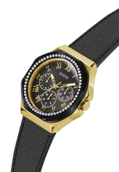 Guess Glaze Multifunctioneel Horloge Zwart Kast Gemaakt Van 100% Roestvrij Staal En Een Armband Van 100% Echt Leer 36 GW0753L3, GW0753L4