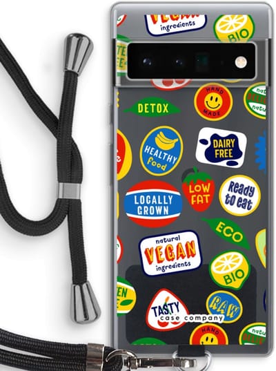 Case Company® - Hoesje met koord geschikt voor Google Pixel 6 Pro hoesje met Koord - Fruitsticker - Telefoonhoesje met Zwart Koord - Bescherming aan alle Kanten en Over de Schermrand