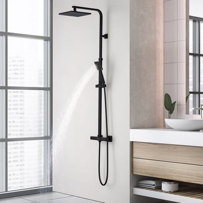 Auralum Max -Zwarte Douchekolom Met Thermostatische - Mengkraan Regendouche - Messing Doucheset - Verstelbare hoogte 110-137 cm - 10 inch Douchekop - Zwart