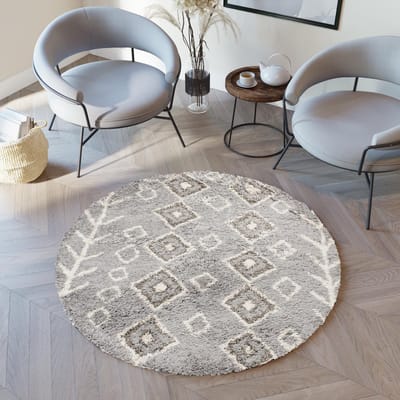 Tapiso Boho Vloerkleed Rond Grijs Shaggy Bohemian Scandinavisch Modern Slaapkamer Woonkamer Hal Maat- 200x200