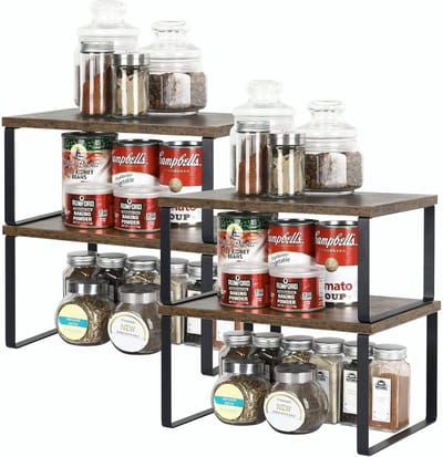 Famanu – Keukenkast organizer set van 4 – Metaal en hout – Uitbreidbare en stapelbare keukenrekken voor kruiden en voorraad – Bruin/zwart