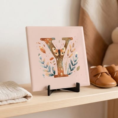 Tegeltje | Alfabet | Bosdiertjes | Baby | Letter Y | Glans afwerking | Inclusief gratis standaard | 15 x 15 cm | Fotofabriek