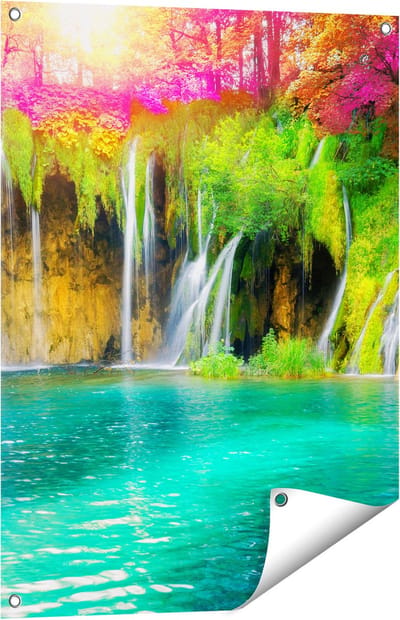 Gards Tuinposter Waterval met Roze en Groene Bloemen - 60x80 cm - Tuindoek - Tuindecoratie - Wanddecoratie buiten - Tuinschilderij