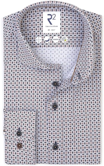 R2 Overhemd Poplin Graphical Print Beige Blue - Maat 46 - Heren - Overhemden Formeel