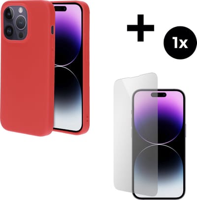Mobiparts Silicone Cover hoesje geschikt voor Apple iPhone 14 Pro met 1 Screenprotector van Gehard Glas - Rood