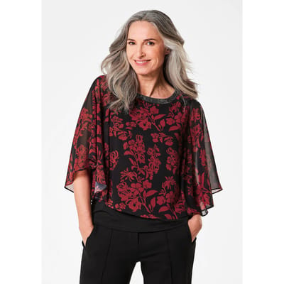 Blouseshirt met wijde chiffonmouwen - zwart / rood / gebloemd - Gr. 38 van Goldner Fashion