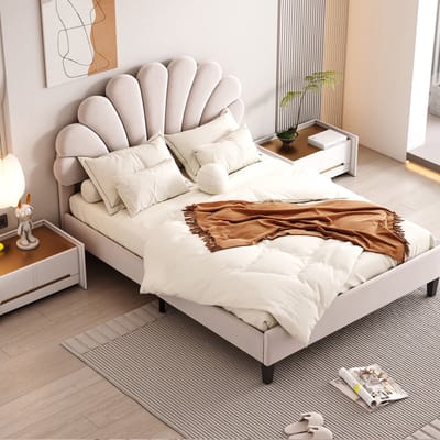 MODENUIT Gestoffeerd bed 140x200 cm – Bloemvormig hoofdbord – Lattenbodem – Zonder matras – Fluweelachtige bekleding – Beige