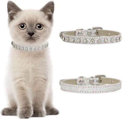 Rhinestone Kattenkraag, 2 STKS Pet Bling Strass Kraag met Bell Veiligheid Verstelbare Bling Classy Pet Halsbanden voor kleine honden en katten, Zilver