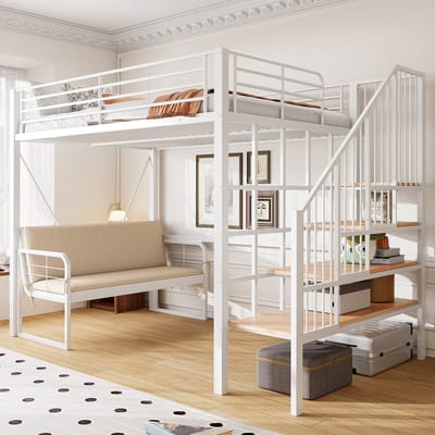 Sweiko Hoogslaper - 140 x 200 cm - Metalen frame - Met gestoffeerde bank - Kinderbed - Wit