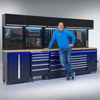 Datona® Werkplaatsinrichting PREMIUM met eiken werkblad en extra brede lades - 340 cm breed - Zwart