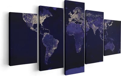 Artaza Canvas Schilderij Vijfluik Wereldkaart Met Licht Observaties - 100x50 - Foto Op Canvas - Canvas Print