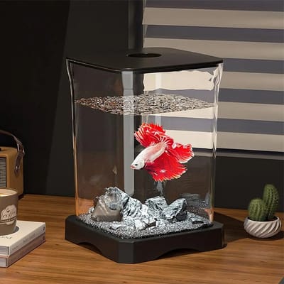 RosaBloom Mini Aquarium - Betta Tank - Ingebouwde LED-sfeerverlichting - Ultrahelder acryl - Compact bureau-aquarium - 12x12x18 cm - Zwart