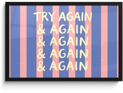 Poster in lijst - Fotolijst 60x40 cm - Posters - Try again - Strepen - Roze - Verticaal - Blauw - Posterlijst zwart - Decoratie - Wanddecoratie woonkamer - Muurdecoratie slaapkamer
