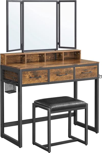 Vasagle kaptafel dressing table met 3-delige klapspiegel, haardroger houder, make up tafel met gestoffeerde kruk, 3 lades, vintage bruin-zwart rvt004b01