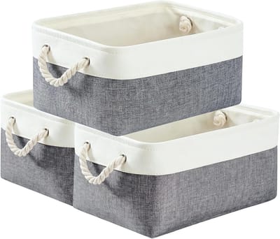 Set van 3 Zachte Opbergmanden met Koordhandvatten voor Kast, Badkamer en Planken - 36 x 26 x 18 cm, Donkergrijs en Wit, Ideaal voor Organisatie en Decoratie