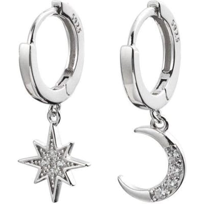 925 Sterling Zilver Glanzende Cz Ster Maan Asymmetrische Hoepel Oorbellen Voor Vrouwen Meisjes Goud Zilver Kleur Feest Sieraden Cadeaus S -E1360 white