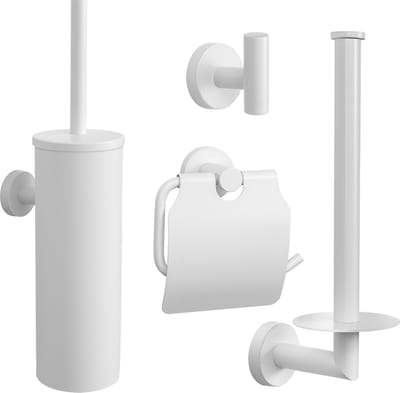 VDN Stainless Toiletaccessoireset wit 4-delig - Toiletborstelhouder - Toiletrolhouder met klep - Handdoekhaakje - Reserverolhouder