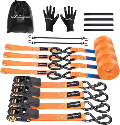 Ratel Spanbanden Set - Sjorbanden Bevestigingsriemen - Goederen Transport - Gecoate S-Haken - 45m x 25mm - Oranje