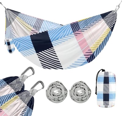 Draagbare Hangmat - Outdoor Luieren - Ontspannen Buiten - Inclusief Opbergzak - 350 lbs Capaciteit - Gekleurd Blauw Zwart