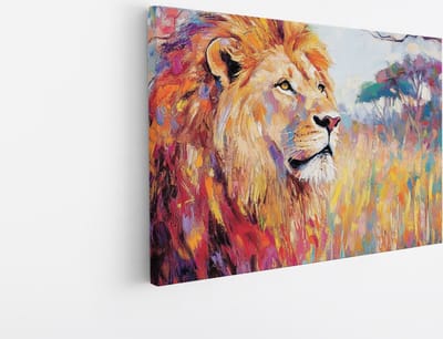 Saammp Canvas Schilderij - Abstracte Leeuw - Kleurrijk - Olieverf - Dieren - Natuur - 45x30 - Foto op canvas - Wanddecoratie - Muurdecoratie Woonkamer - Slaapkamer decoratie - Canvas Print