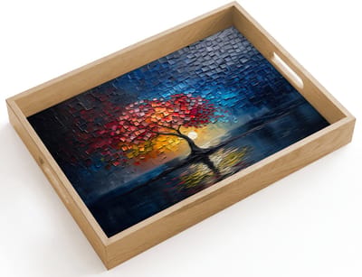 Dienblad hout 40x30 cm - Schootdienblad - Boom - Blauw - Bladeren - Vakken - Borrelplank rechthoek - Plateau dienbladen
